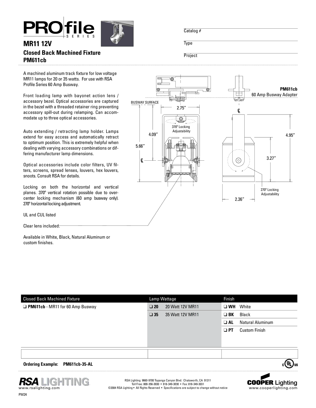 Cooper Lighting specifications MR11, Closed Back Machined Fixture PM611cb 