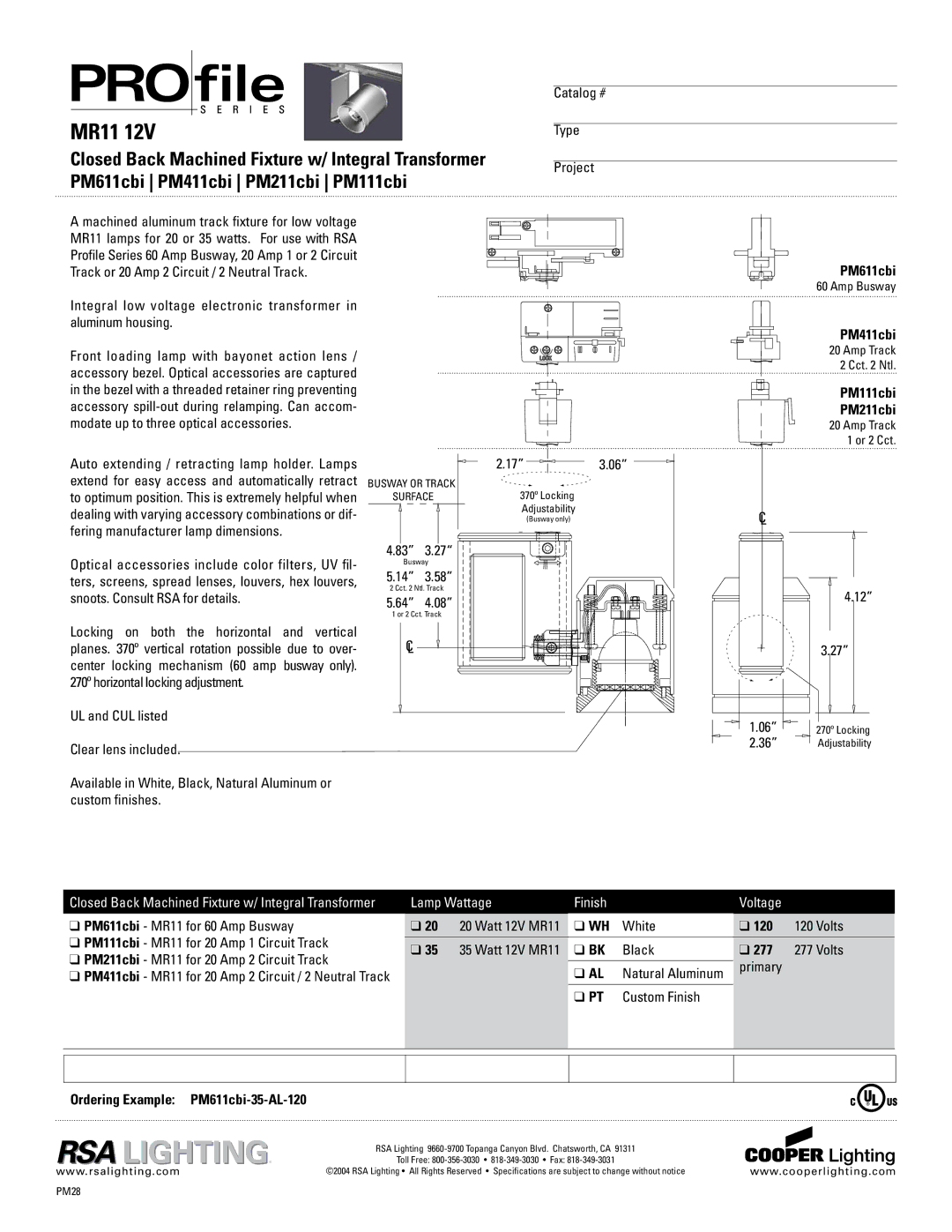 Cooper Lighting PM411cbi specifications PM111cbi, PM211cbi, PM611cbi MR11 for 60 Amp Busway 