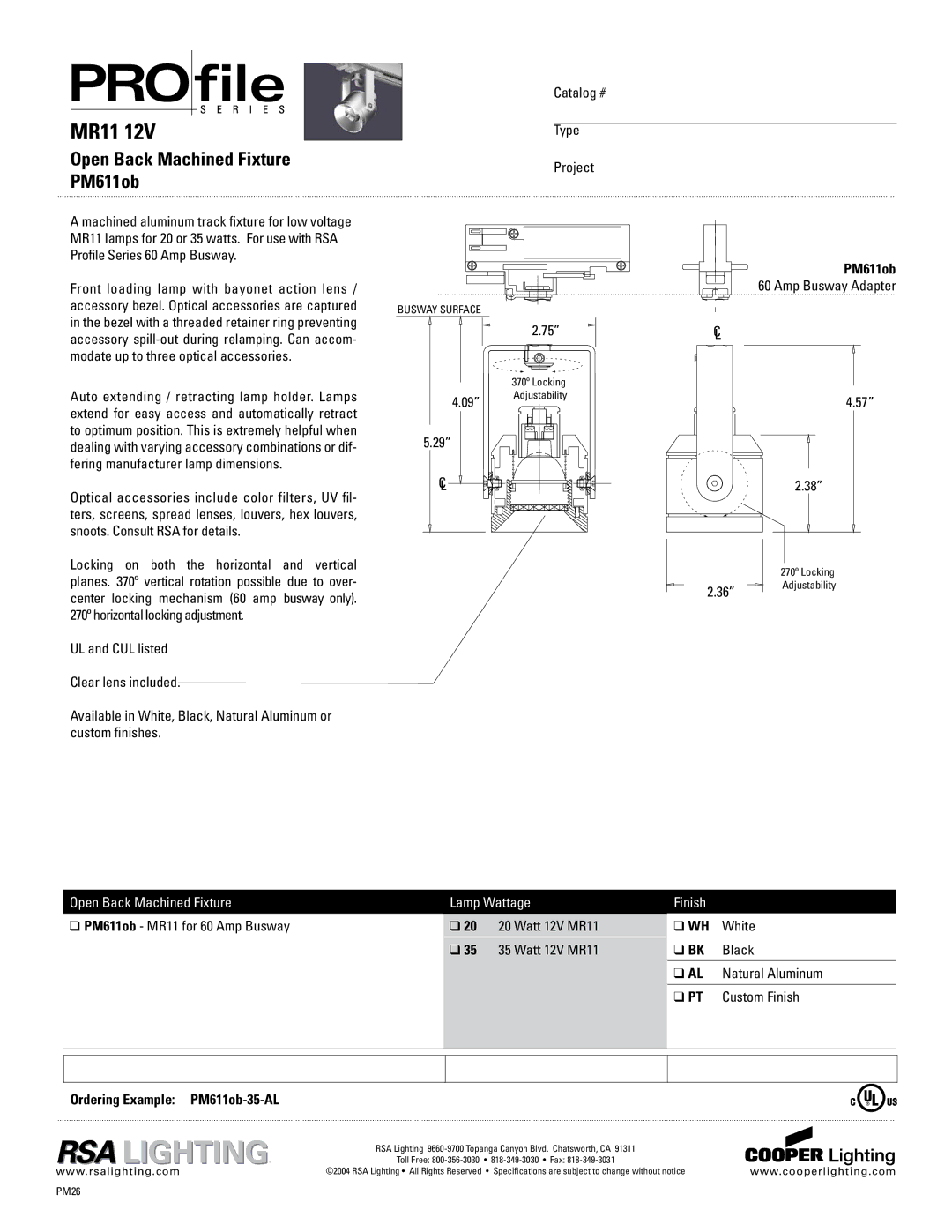 Cooper Lighting PM611OB specifications MR11, Open Back Machined Fixture PM611ob 