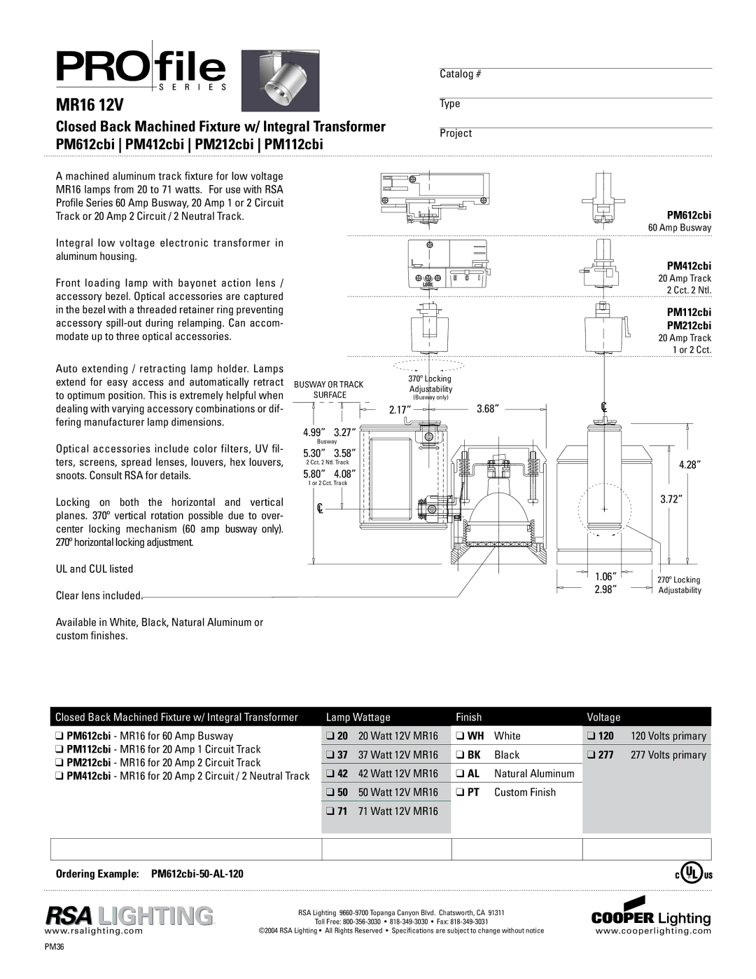 Cooper Lighting PM412cbi specifications PM612cbi, PM112cbi, PM212cbi MR16 for 20 Amp 2 Circuit Track 