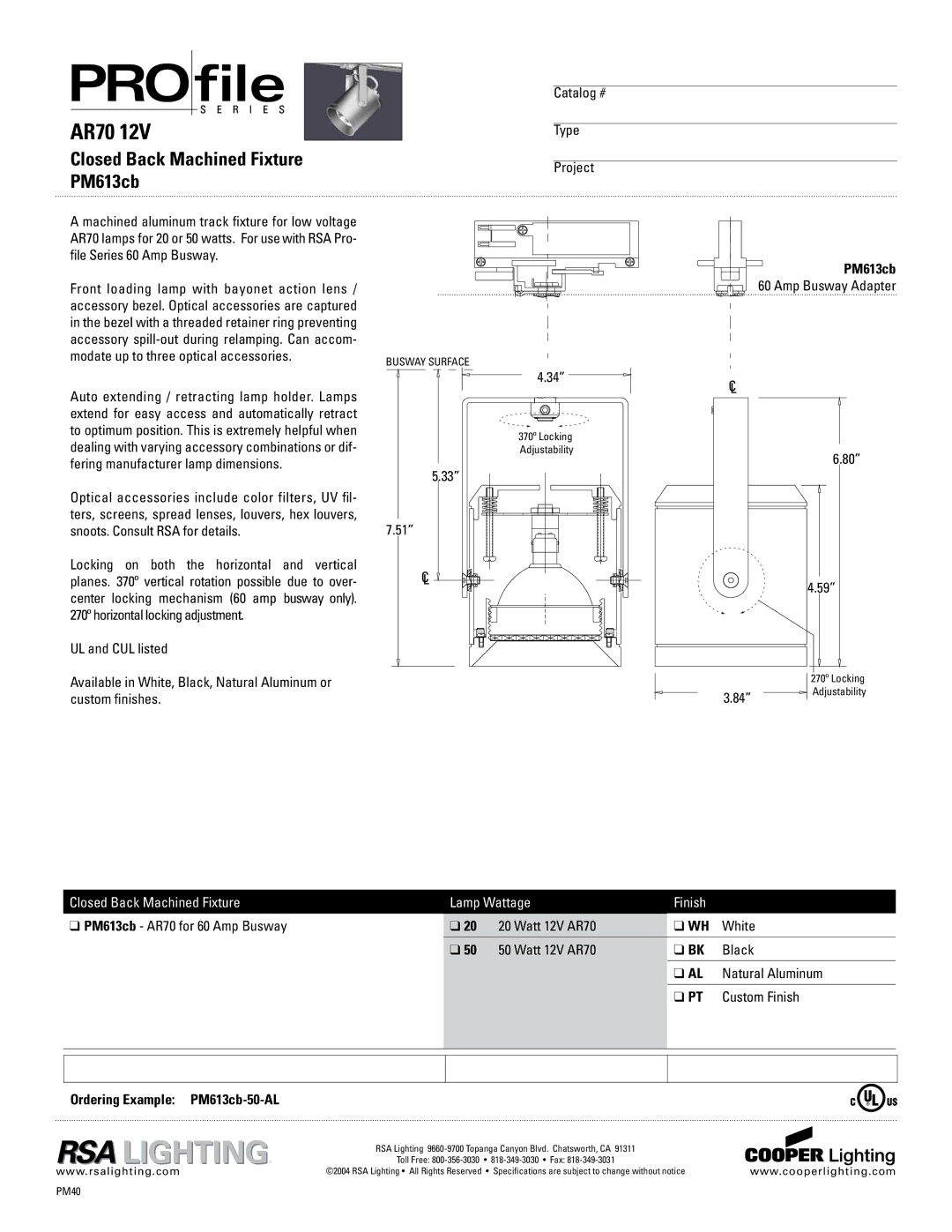 Cooper Lighting PM613CB specifications AR70, Closed Back Machined Fixture PM613cb, Catalog # Type Project 