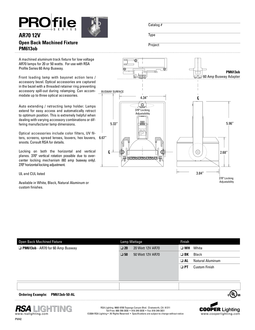 Cooper Lighting PM613OB specifications AR70, Open Back Machined Fixture PM613ob 