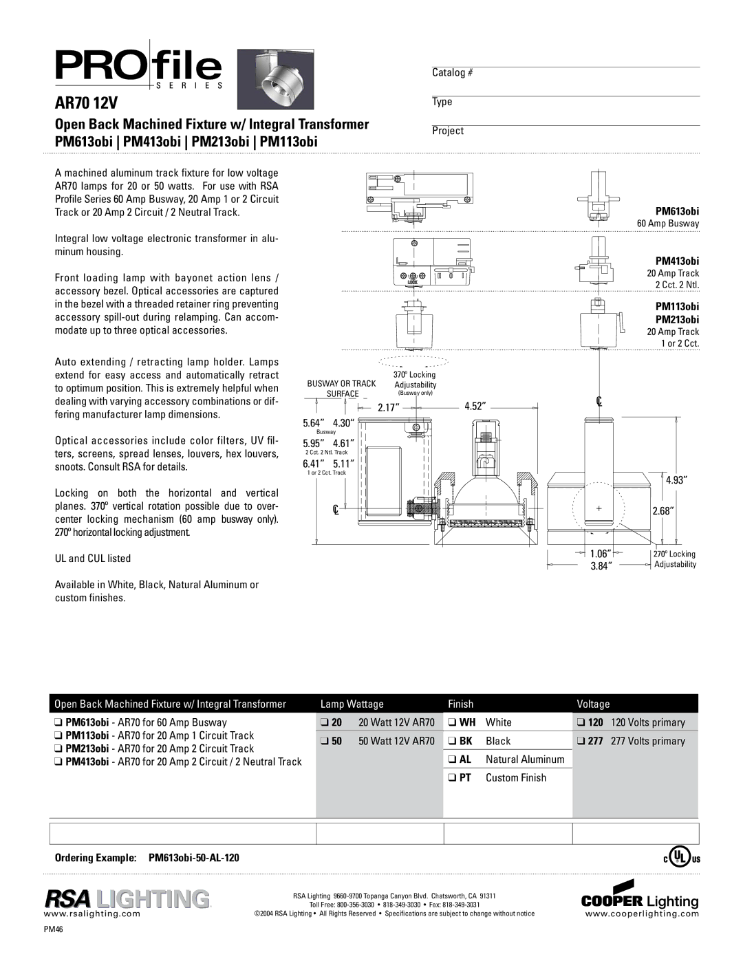 Cooper Lighting PM413obi, PM613obi, PM213obi, PM113obi specifications AR70 