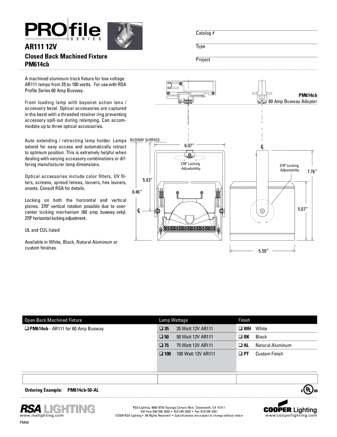 Cooper Lighting specifications AR111, Closed Back Machined Fixture PM614cb, Catalog # Type Project, Amp Busway Adapter 