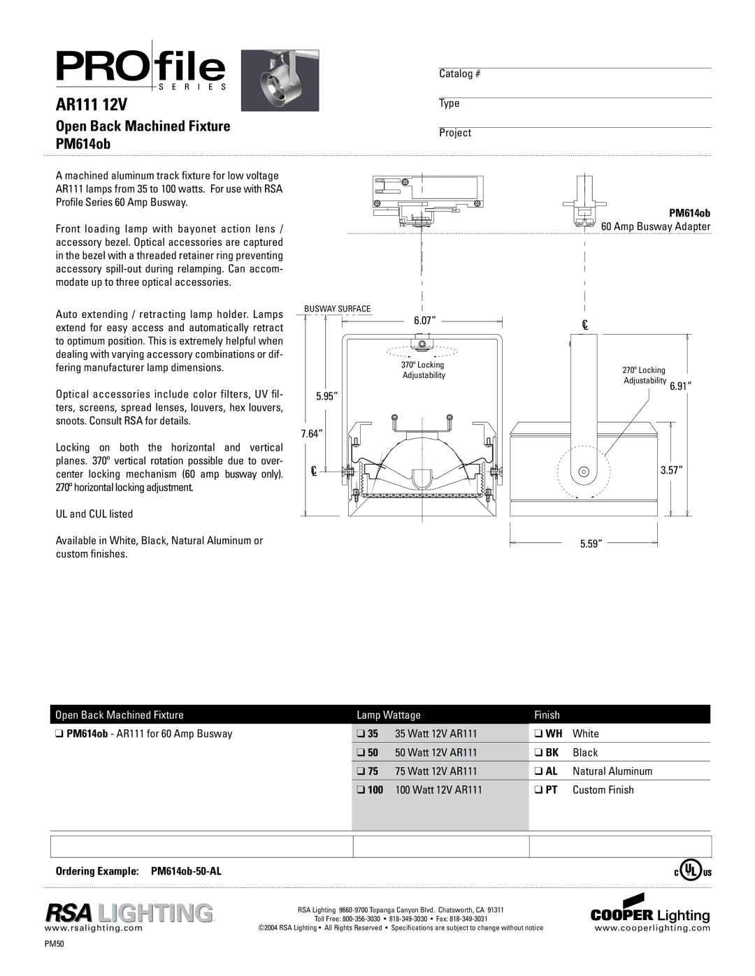 Cooper Lighting specifications AR111, Open Back Machined Fixture PM614ob, Catalog # Type Project, Amp Busway Adapter 