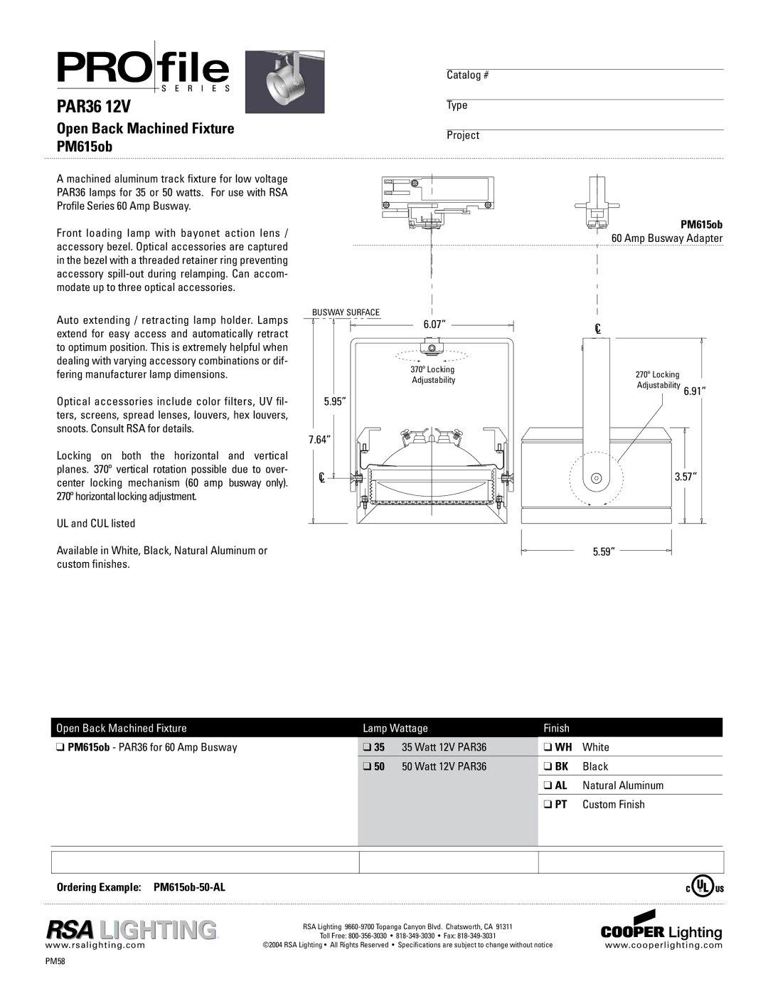 Cooper Lighting PM615ob specifications PAR36, Busway Surface 