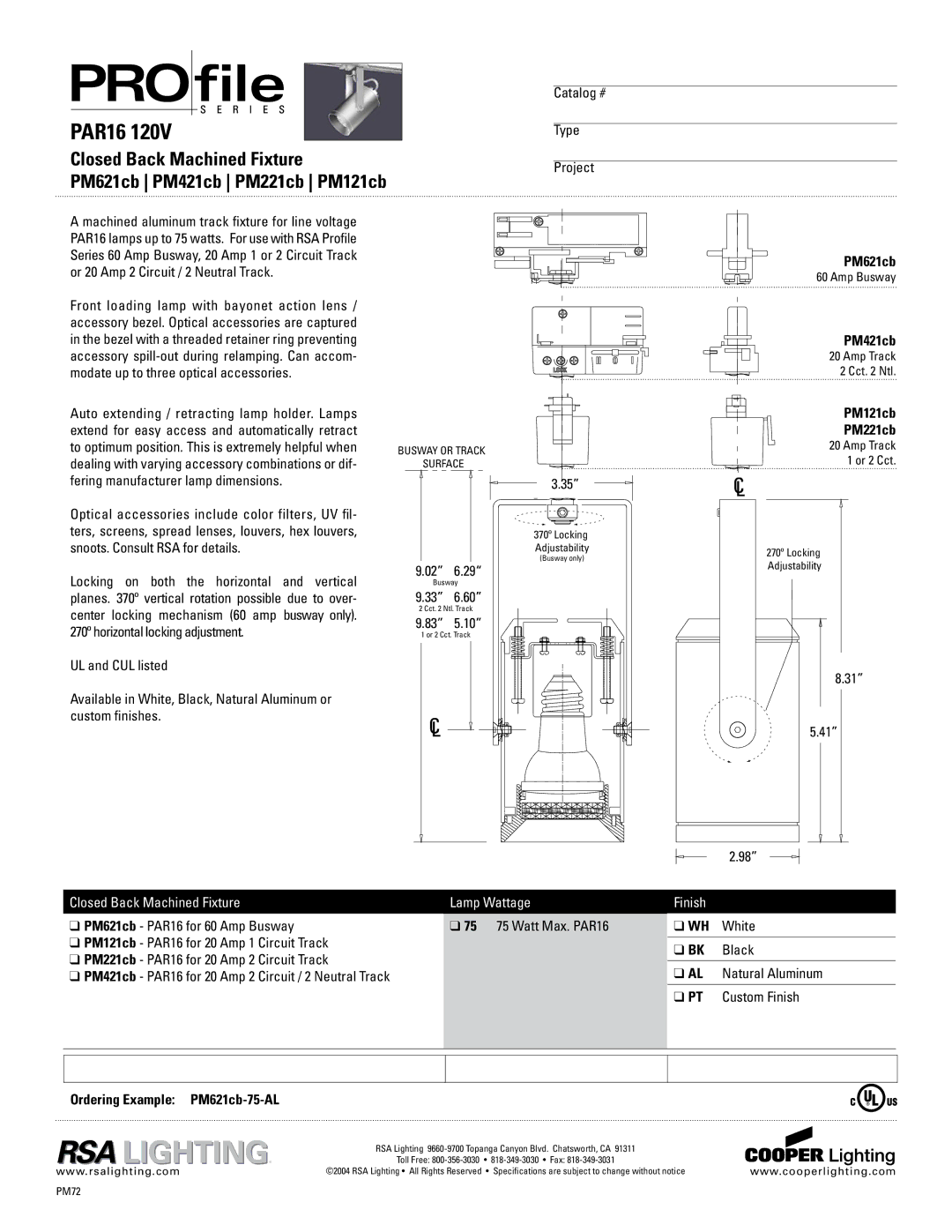 Cooper Lighting PM421cb specifications PM121cb, PM221cb, Ordering Example PM621cb-75-AL 