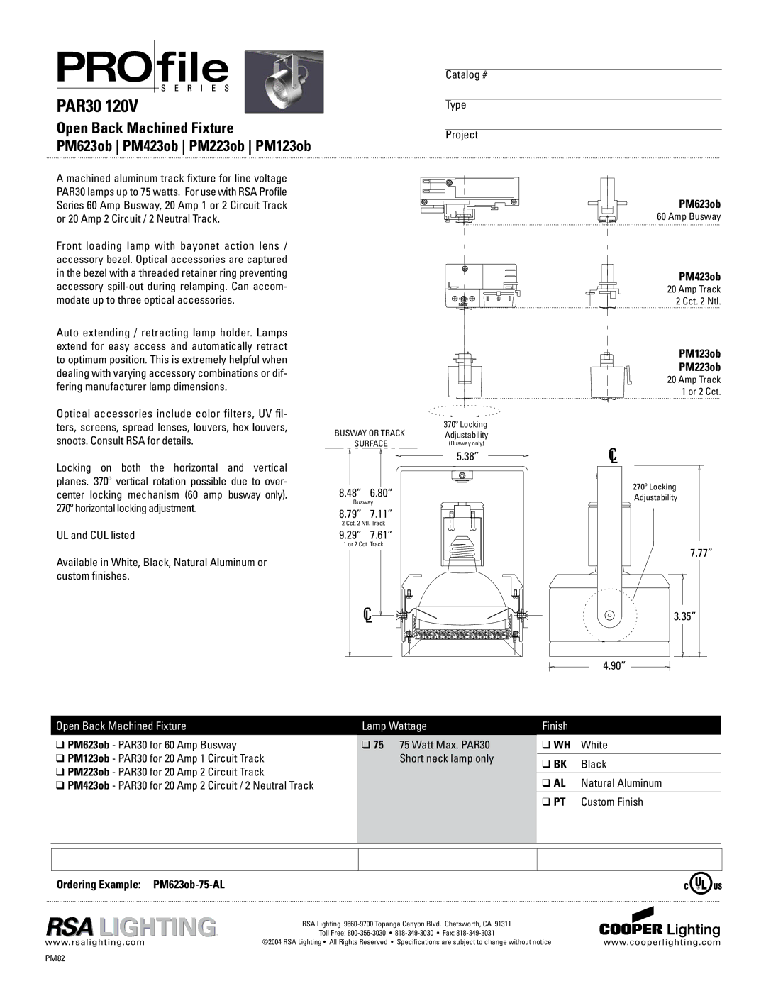 Cooper Lighting PM423ob specifications PM123ob, PM223ob, Ordering Example PM623ob-75-AL 