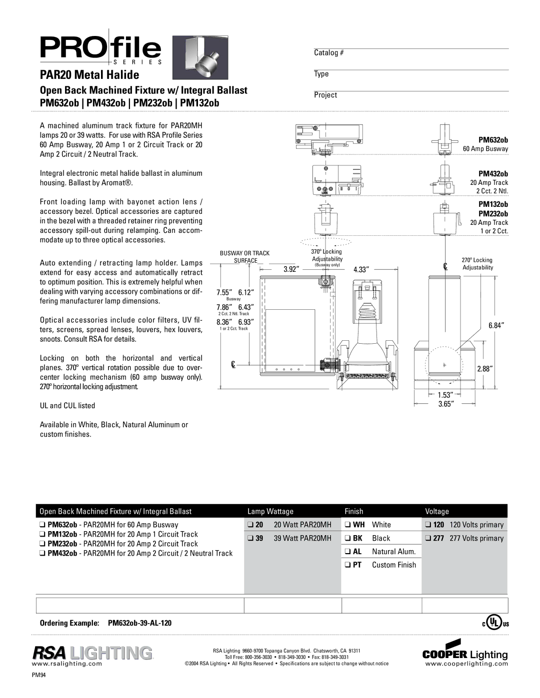 Cooper Lighting PM432ob, PM632ob, PM132ob, PM232ob specifications PAR20 Metal Halide 