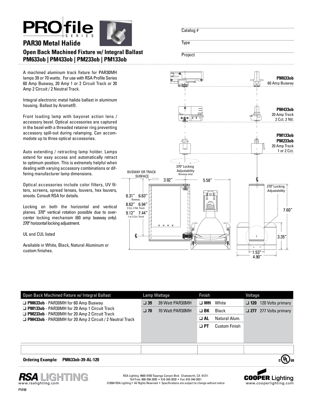 Cooper Lighting PM433ob specifications PM133ob, PM233ob, PM633ob PAR30MH for 60 Amp Busway Watt PAR30MH White 120 