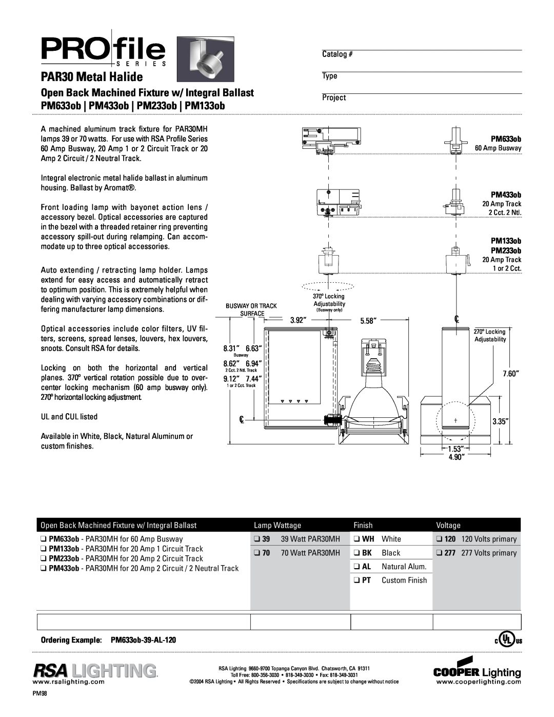 Cooper Lighting PM433ob specifications PAR30 Metal Halide, Open Back Machined Fixture w/ Integral Ballast, Lamp Wattage 