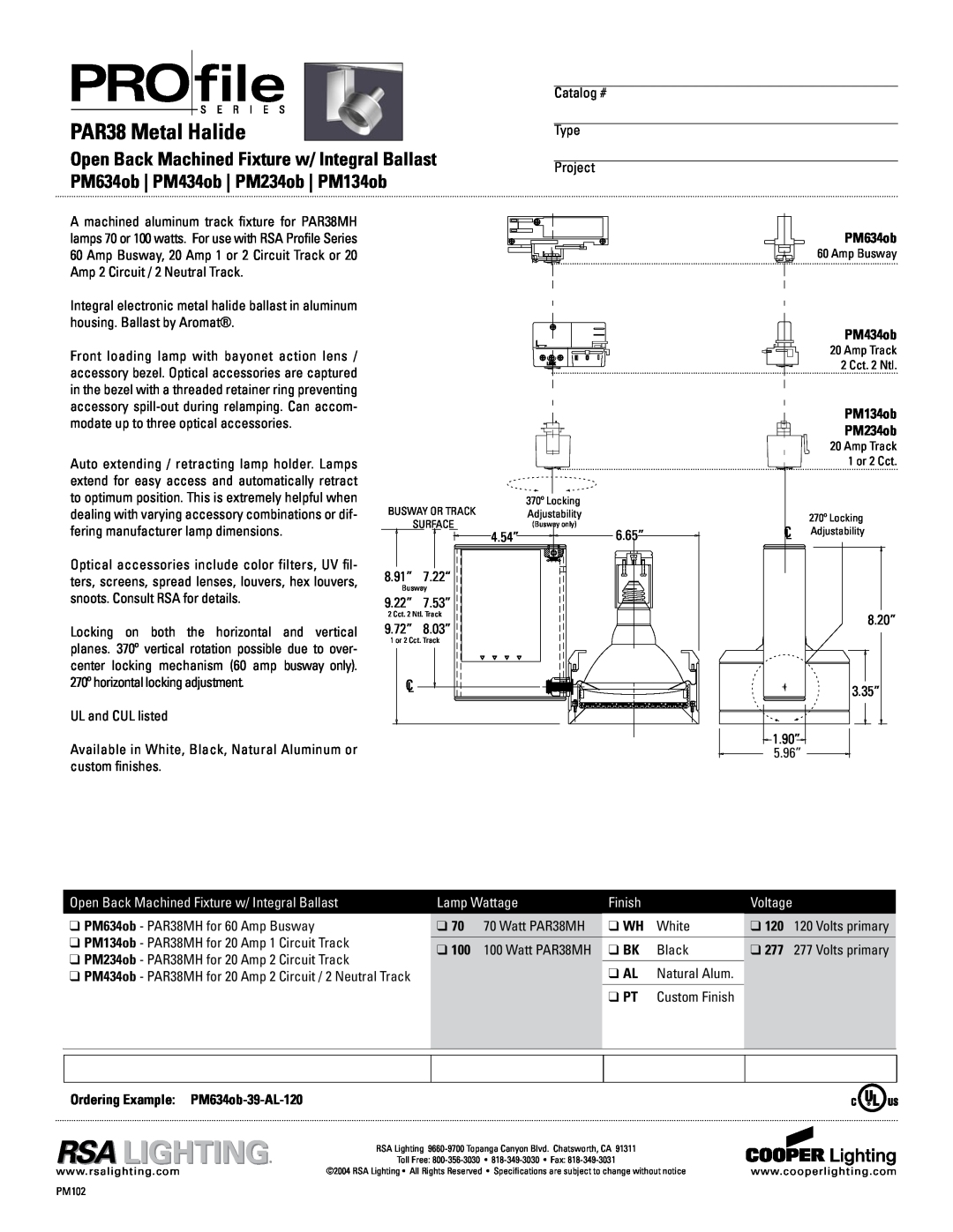 Cooper Lighting PM434OB specifications PAR38 Metal Halide, Open Back Machined Fixture w/ Integral Ballast, Lamp Wattage 