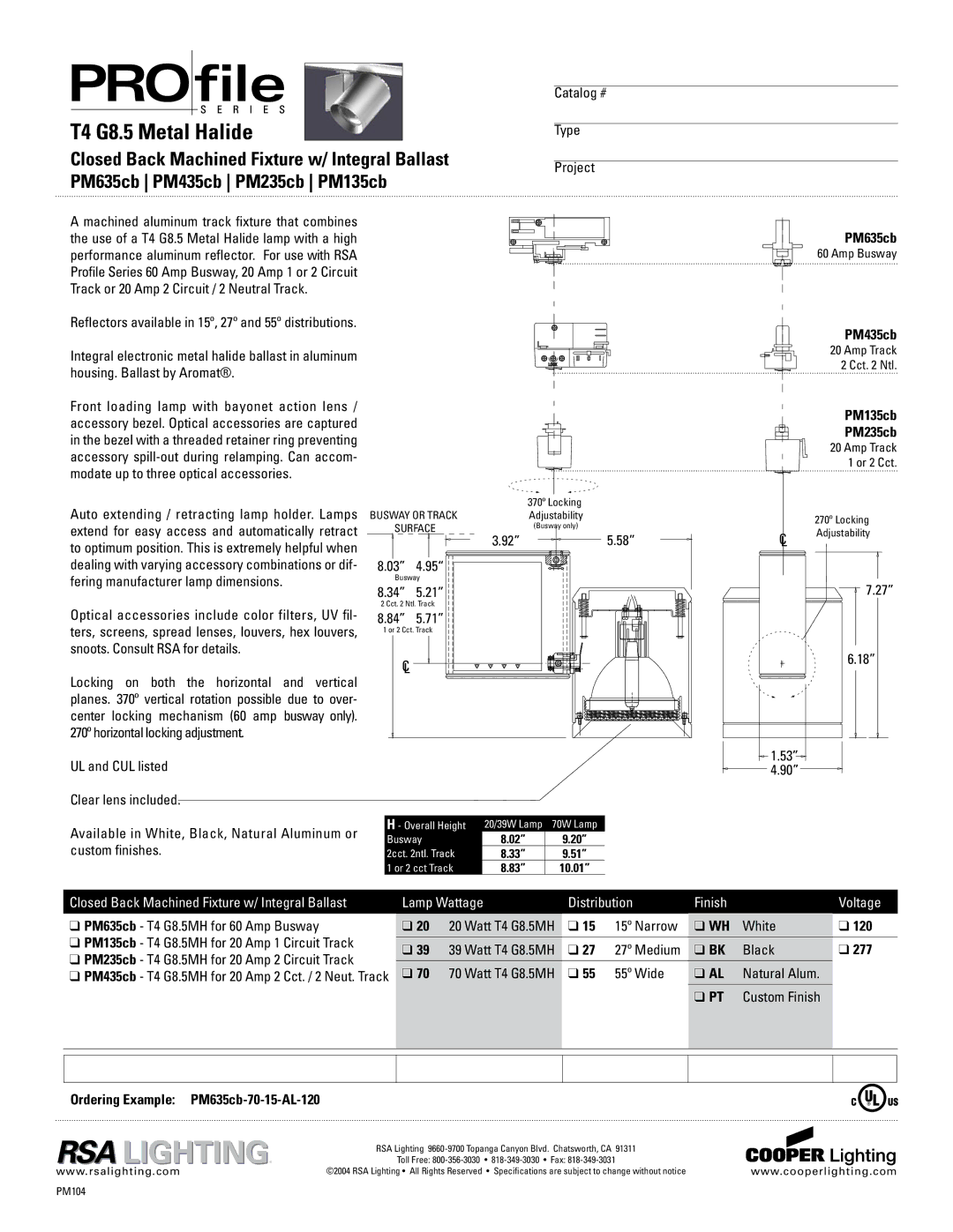 Cooper Lighting PM435cb, PM635cb, PM135cb, PM235cb specifications T4 G8.5 Metal Halide 