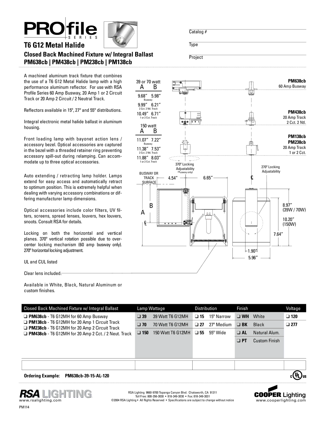 Cooper Lighting PM438cb, PM638cb, PM238cb dimensions T6 G12 Metal Halide, Closed Back Machined Fixture w/ Integral Ballast 