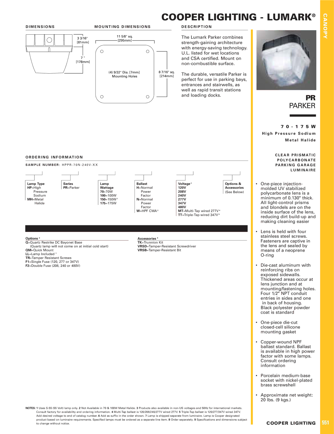 Cooper Lighting PR Parker dimensions Cooper Lighting Lumark, Canopy, D E R I N G I N F O R M At I O N, =Hpf Cwa 