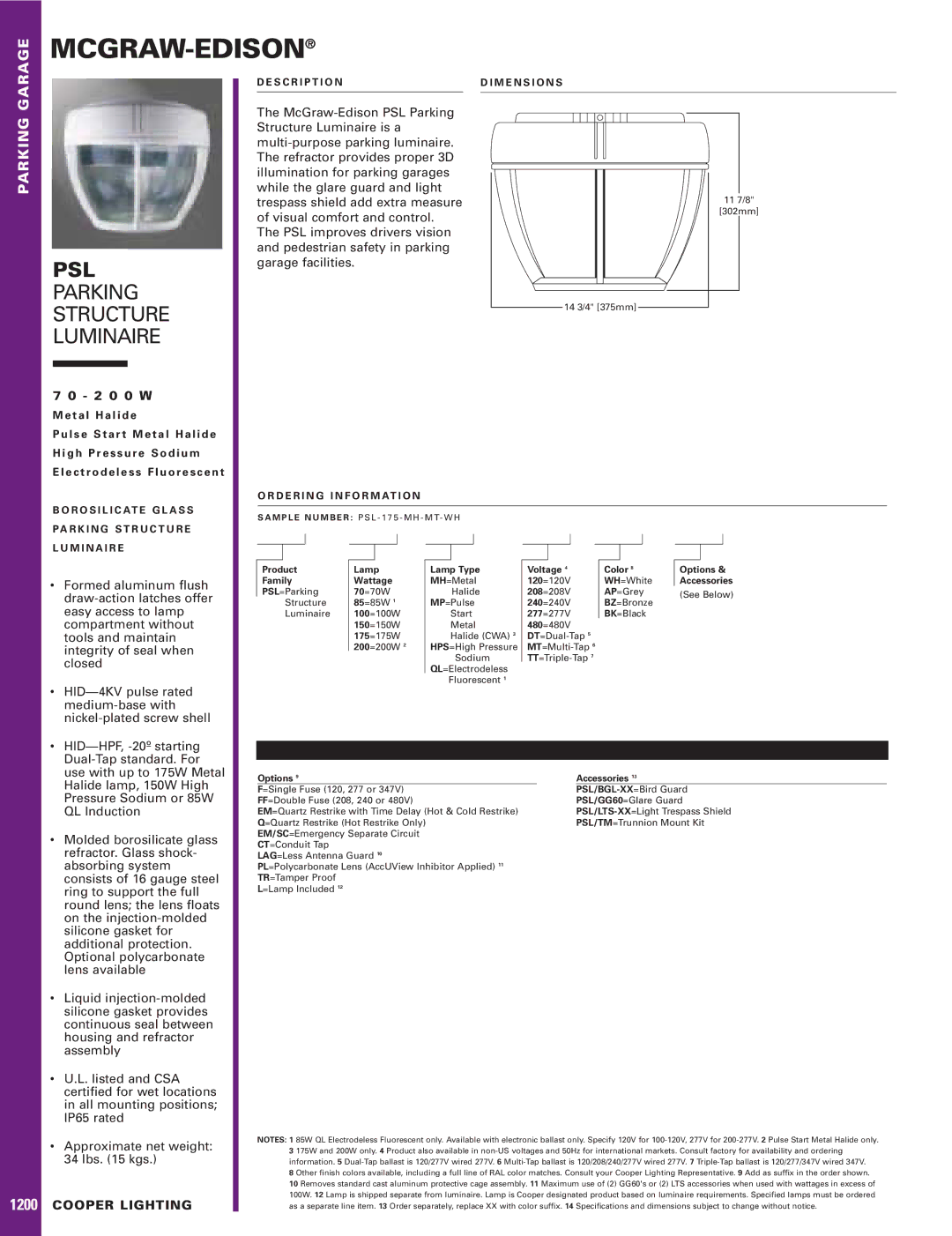 Cooper Lighting PSL dimensions Mcgraw-Edison, Psl, Parking Structure Luminaire, 1200, Cooper Lighting 