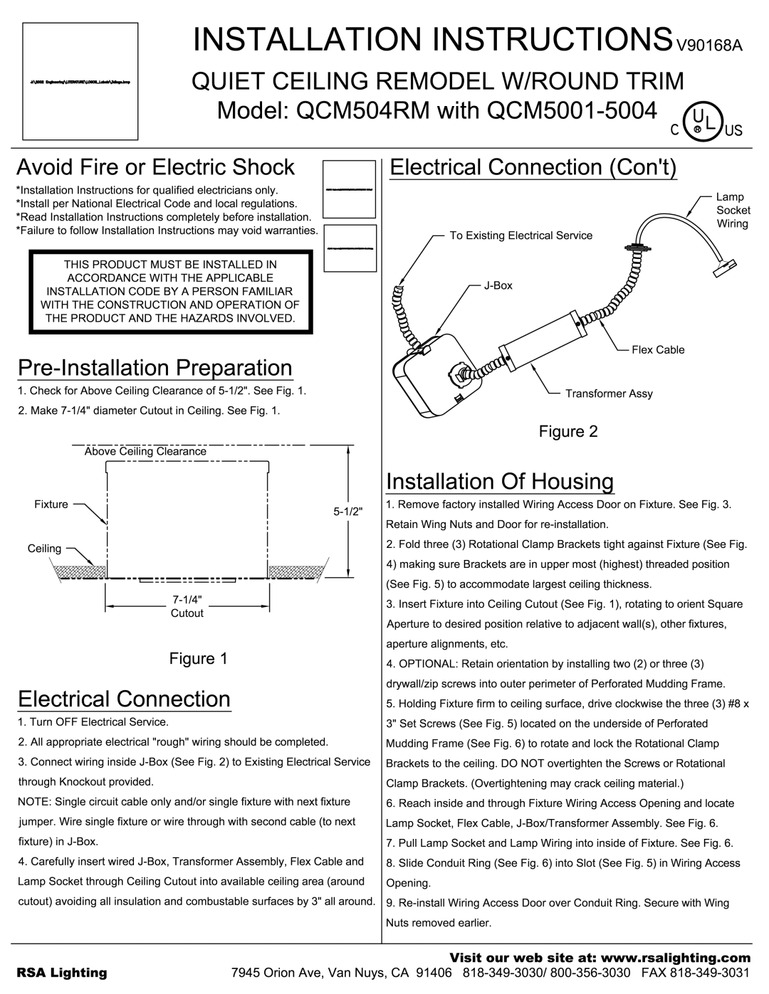 Cooper Lighting QCM5002, QCM5004 installation instructions Stallation in Struction SV90168A, Elec tri cal Connec tion 