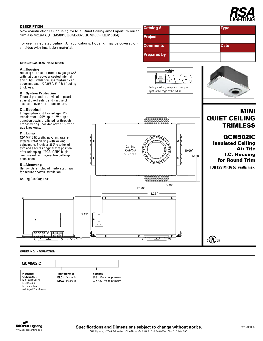 Cooper Lighting QCM502IC specifications Mini, Quiet Ceiling, Trimless 