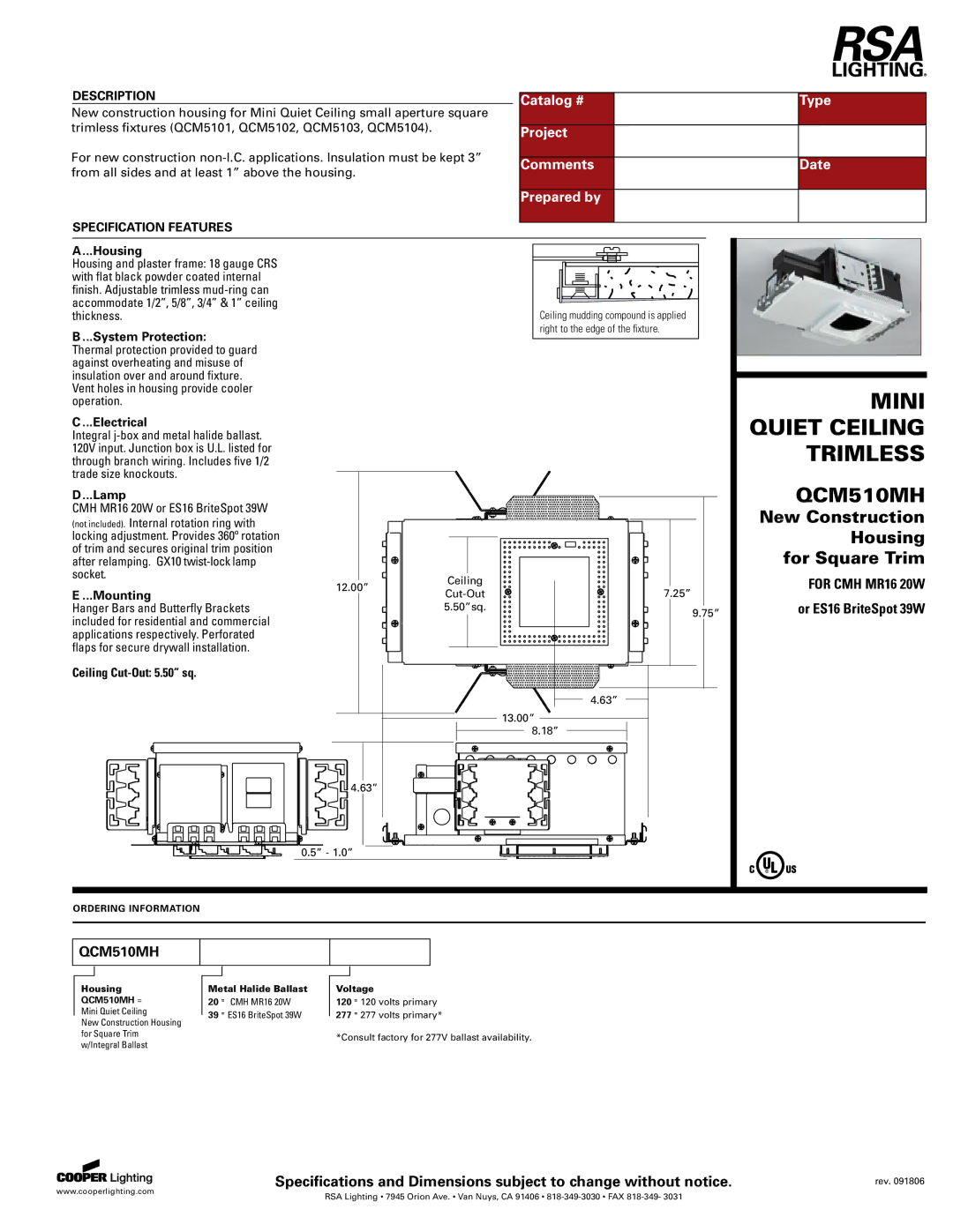 Cooper Lighting QCM510MH specifications For CMH MR16 20W 