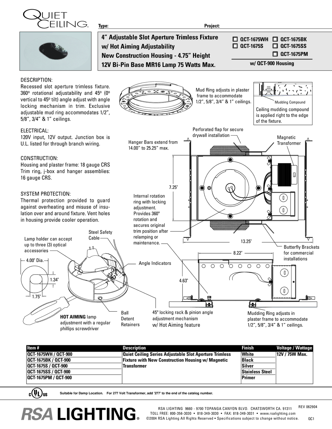 Cooper Lighting QCT-1675PM, QCT-1675WH specifications Hot Aiming Adjustability, New Construction Housing 4.75 Height 