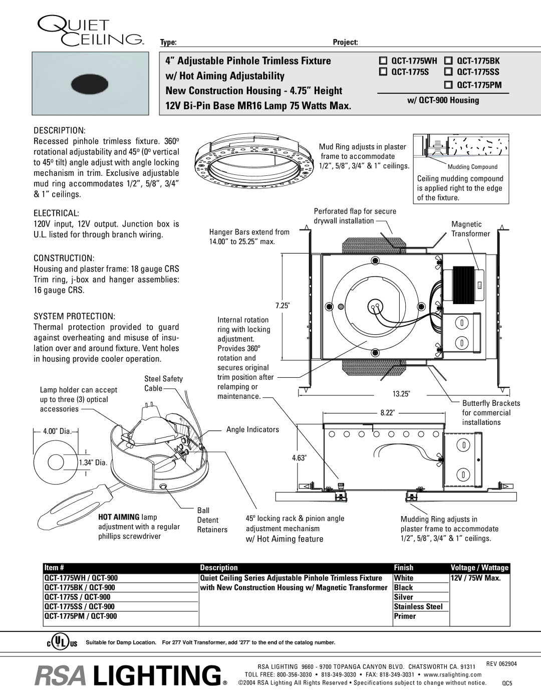 Cooper Lighting QCT-1775PM specifications QCT-900 Housing, Description, Electrical, Construction, System Protection 