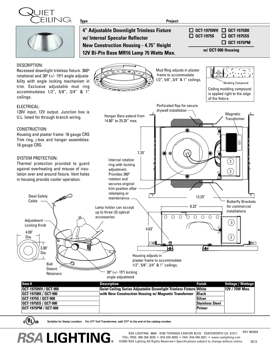 Cooper Lighting QCT-1975SS specifications QCT-900 Housing, Description, Electrical, Construction, System Protection 