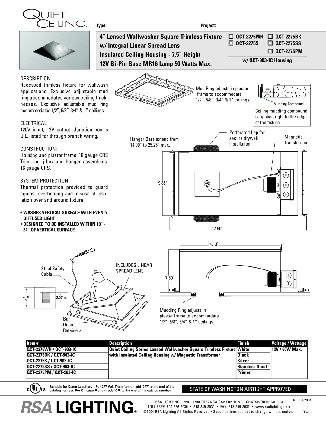 Cooper Lighting specifications 12V Bi-Pin Base MR16 Lamp 50 Watts Max, QCT-2275WH χ QCT-2275BK, QCT-903-IC Housing 