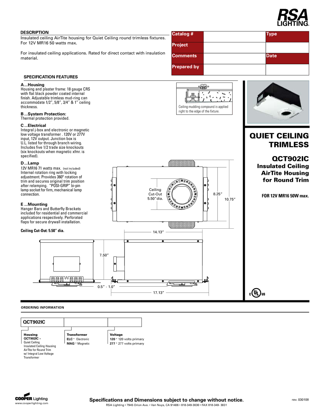 Cooper Lighting QCT-902-IC specifications Catalog # Type, Project, Comments Date, Prepared by 