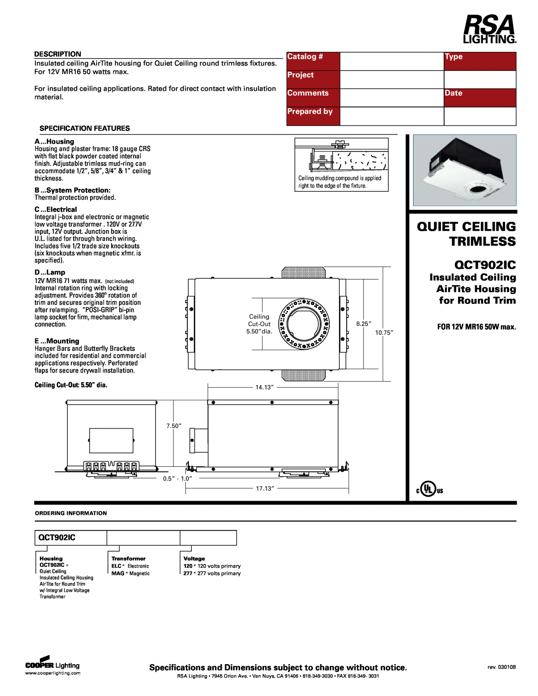 Cooper Lighting QCT-902-IC specifications Quiet Ceiling, Trimless, QCT902IC, Insulated Ceiling, AirTite Housing, Catalog # 
