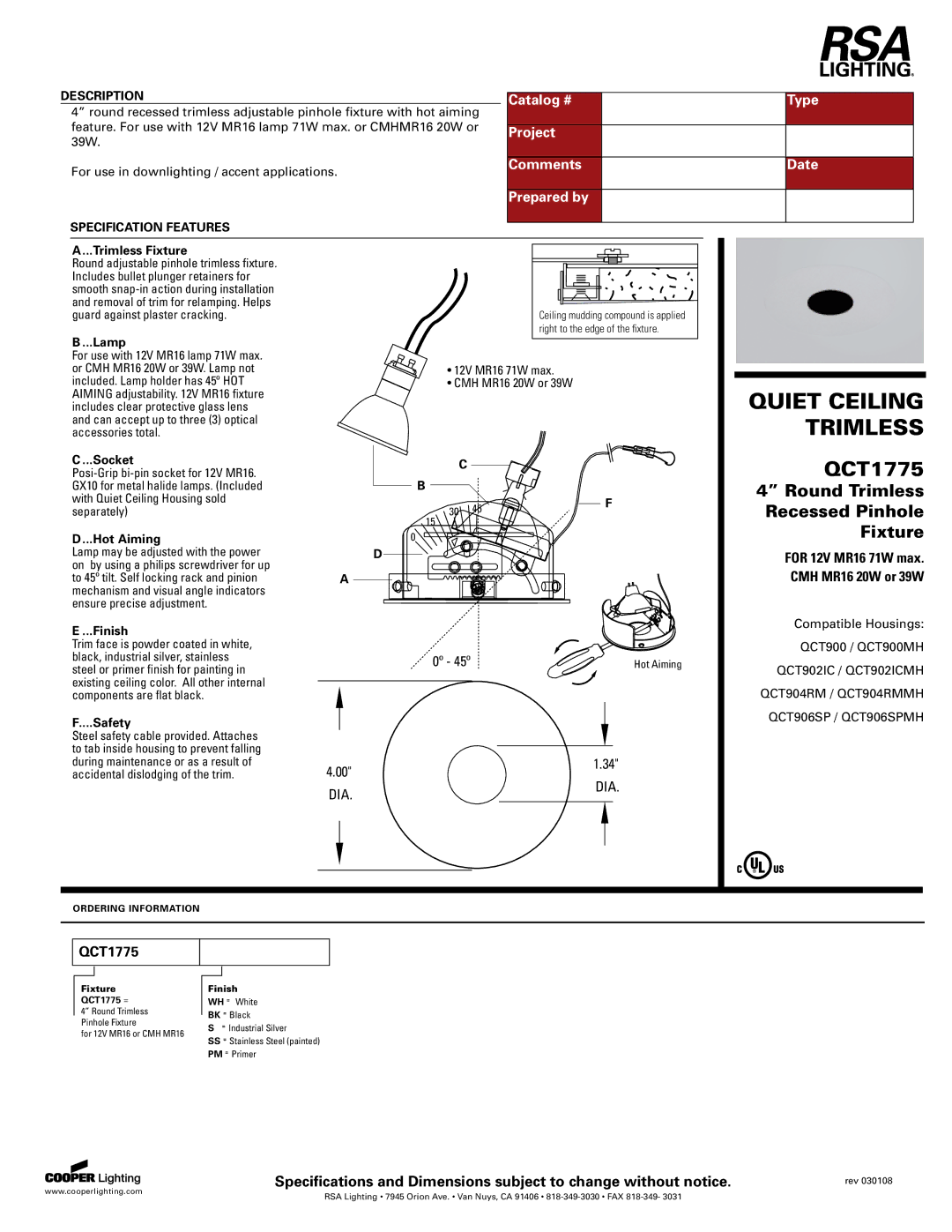 Cooper Lighting QCT1775 specifications Catalog # Type, Project, Comments Date Prepared by 