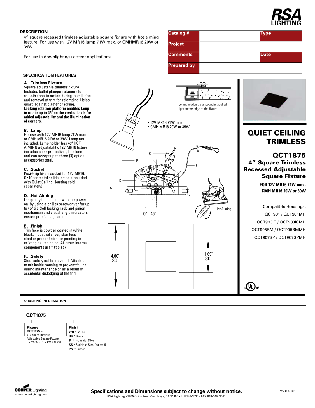Cooper Lighting QCT1875 specifications Catalog # Type, Project, Comments Date Prepared by 