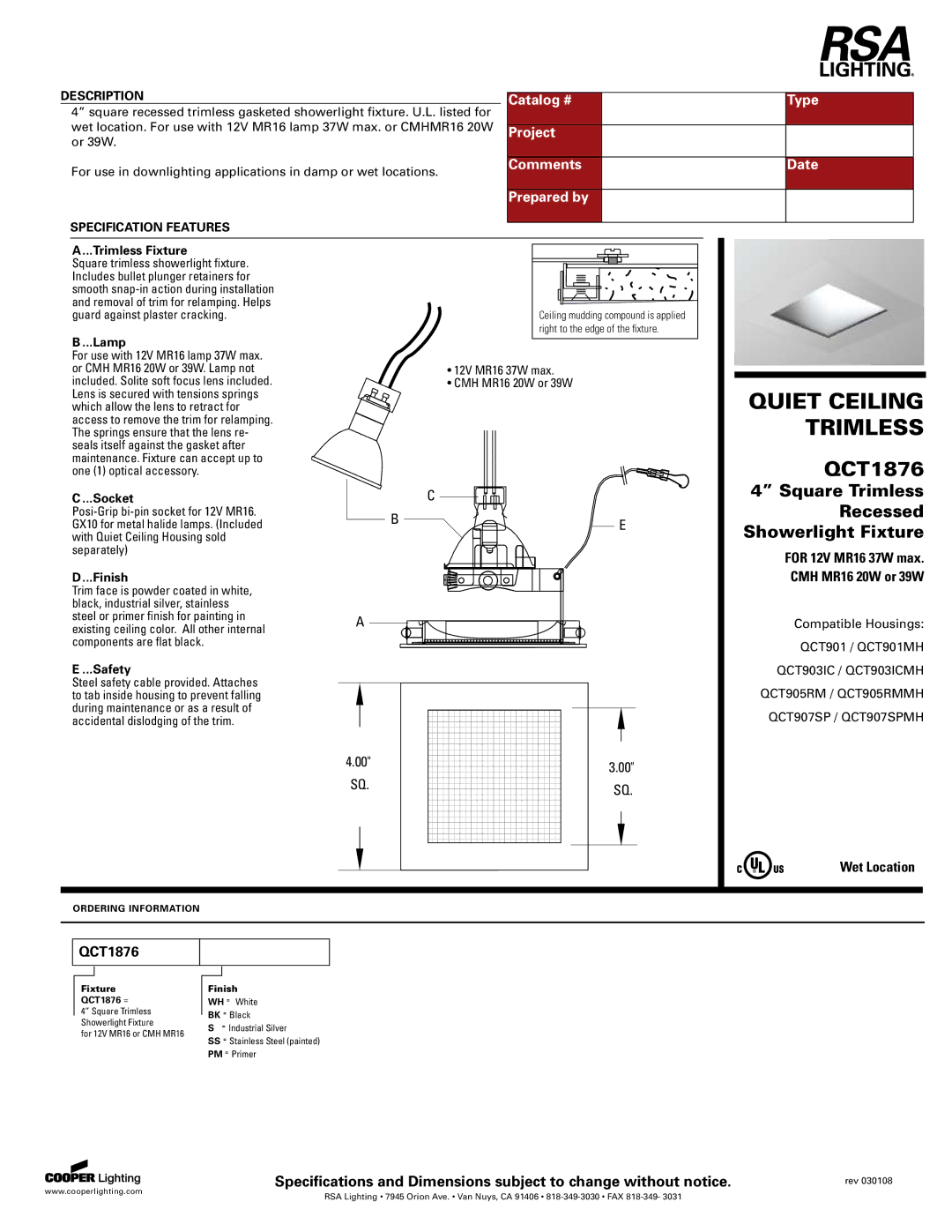 Cooper Lighting QCT1876 specifications Catalog # Type, Comments Date Prepared by 