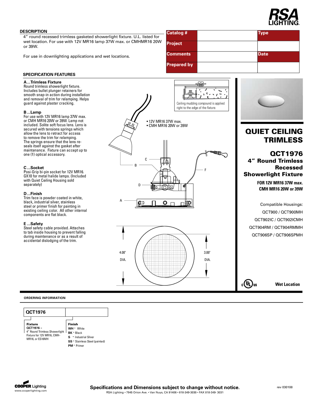 Cooper Lighting QCT1976 specifications Catalog # Type, Comments Date Prepared by 