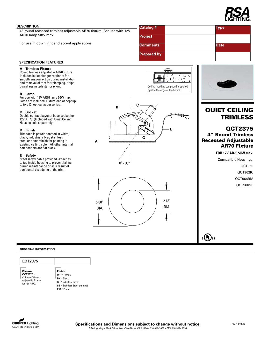 Cooper Lighting QCT2375 specifications For 12V AR70 50W max 