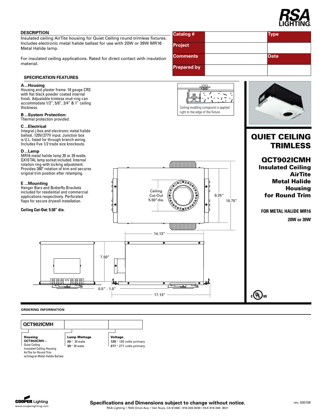 Cooper Lighting QCT902ICMH specifications Quiet Ceiling, Trimless 