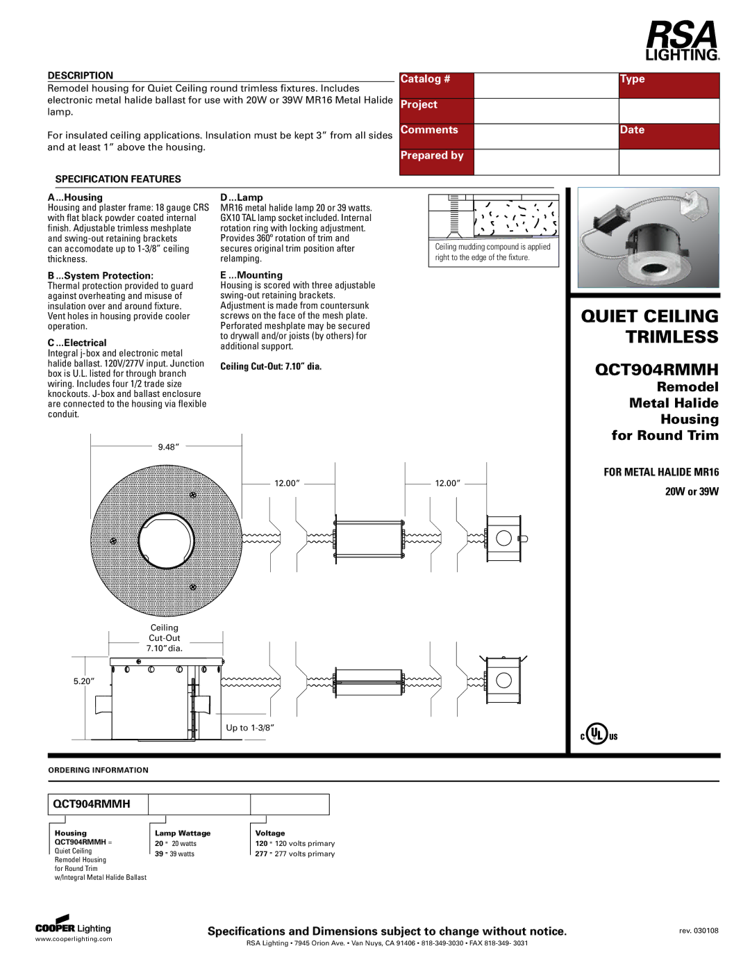 Cooper Lighting QCT904RMMH specifications Quiet Ceiling, Trimless 