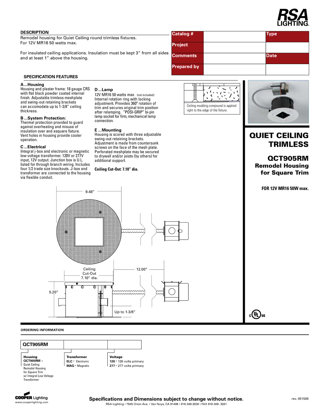 Cooper Lighting QCT905RM specifications Quiet Ceiling, Trimless 