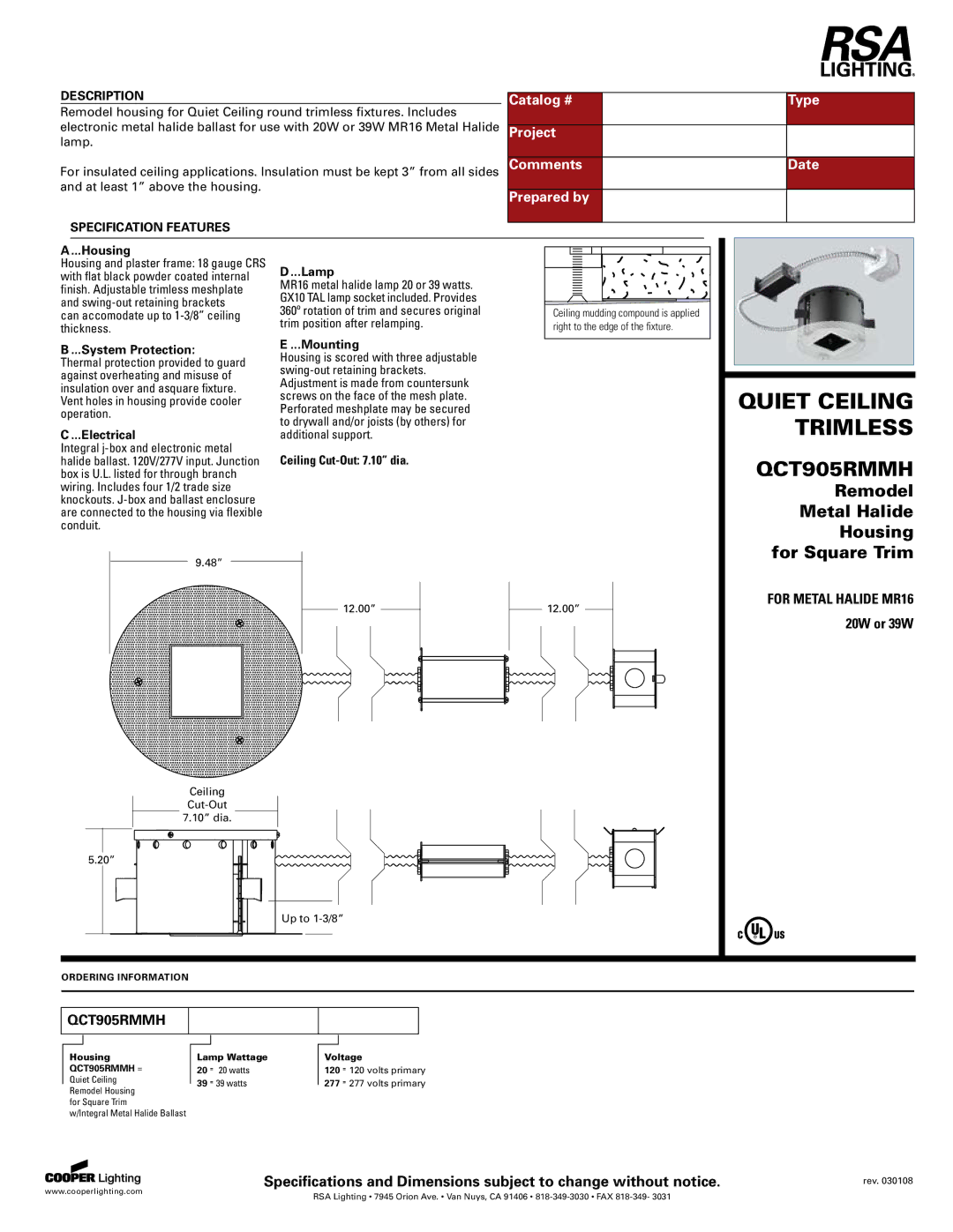 Cooper Lighting QCT905RMMH specifications Quiet Ceiling, Trimless 
