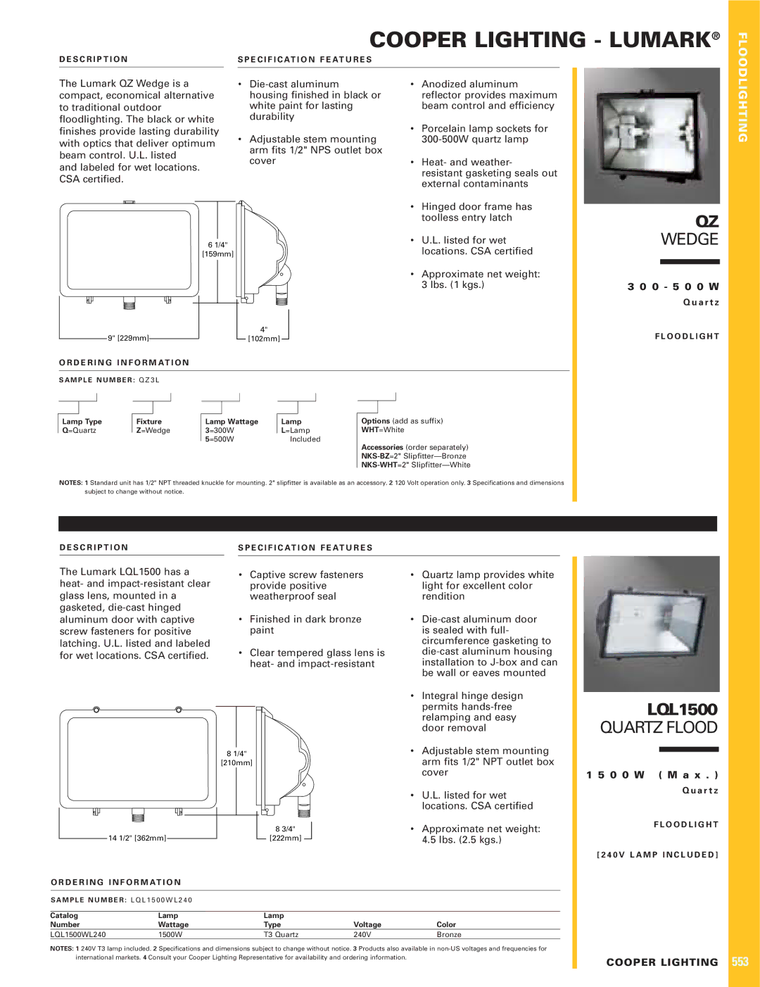 Cooper Lighting LQL1500, QZ specifications Cooper Lighting Lumark, Wedge, Quartz Flood 