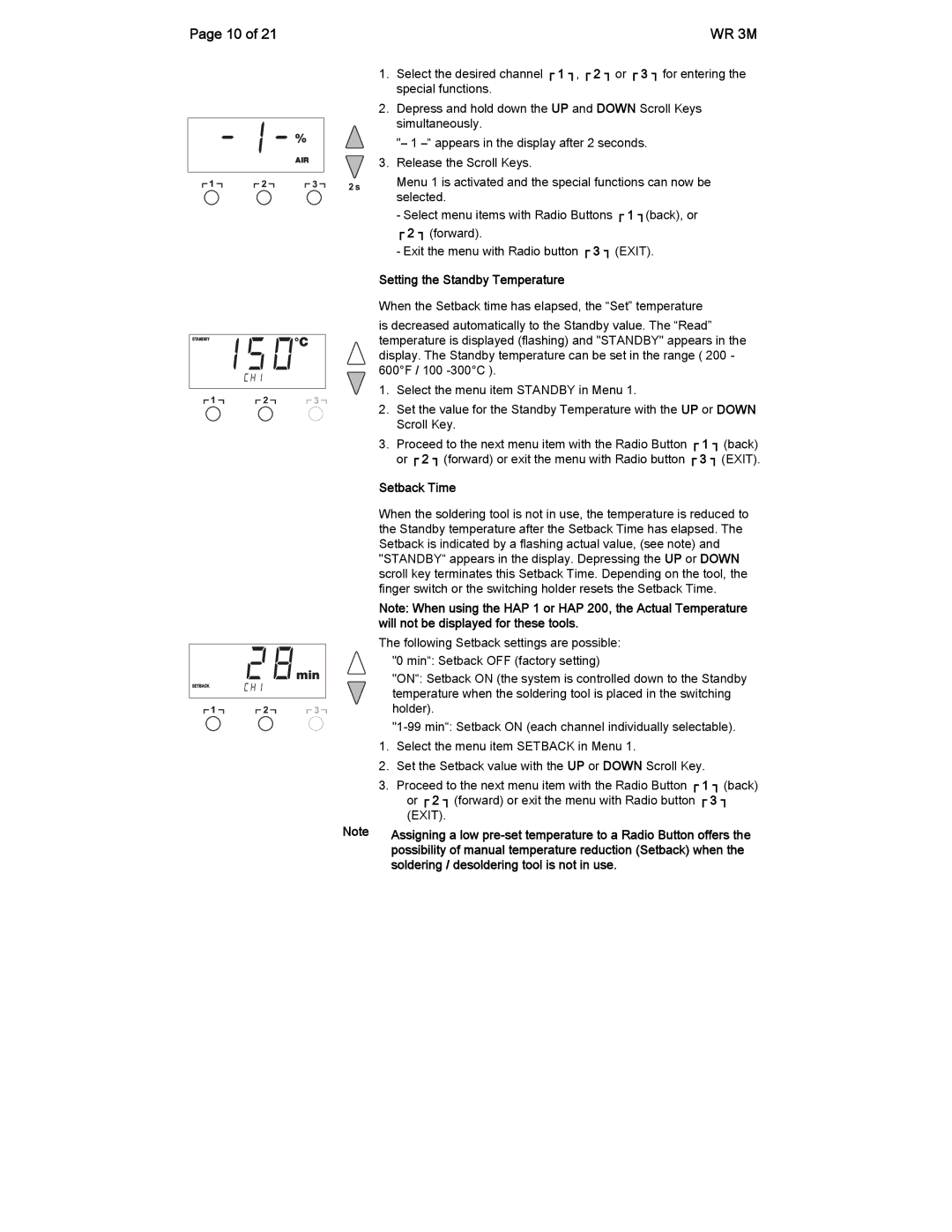 Cooper Lighting Radio manual Setting the Standby Temperature, Setback Time, Soldering / desoldering tool is not in use 