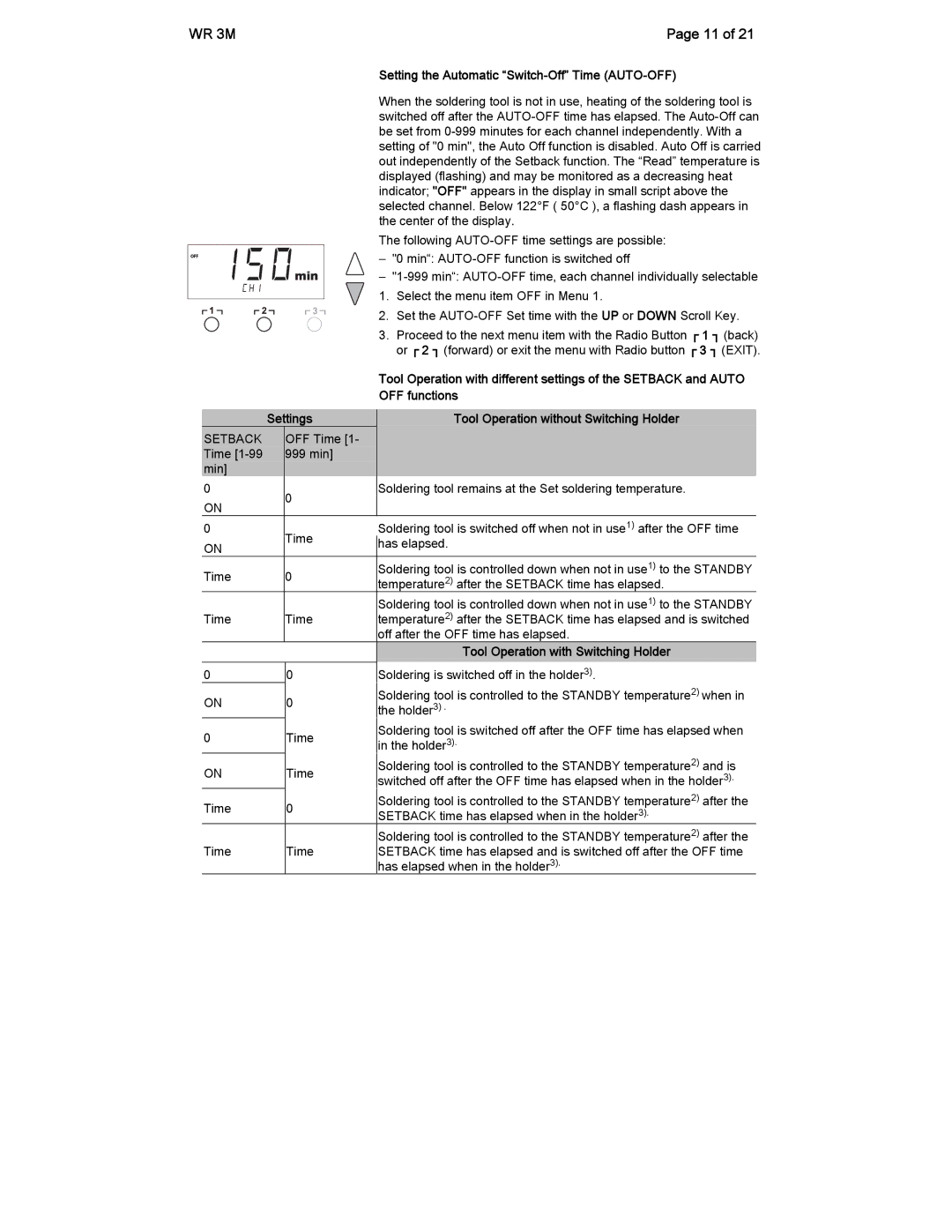 Cooper Lighting Radio Setting the Automatic Switch-Off Time AUTO-OFF, OFF functions, Tool Operation with Switching Holder 