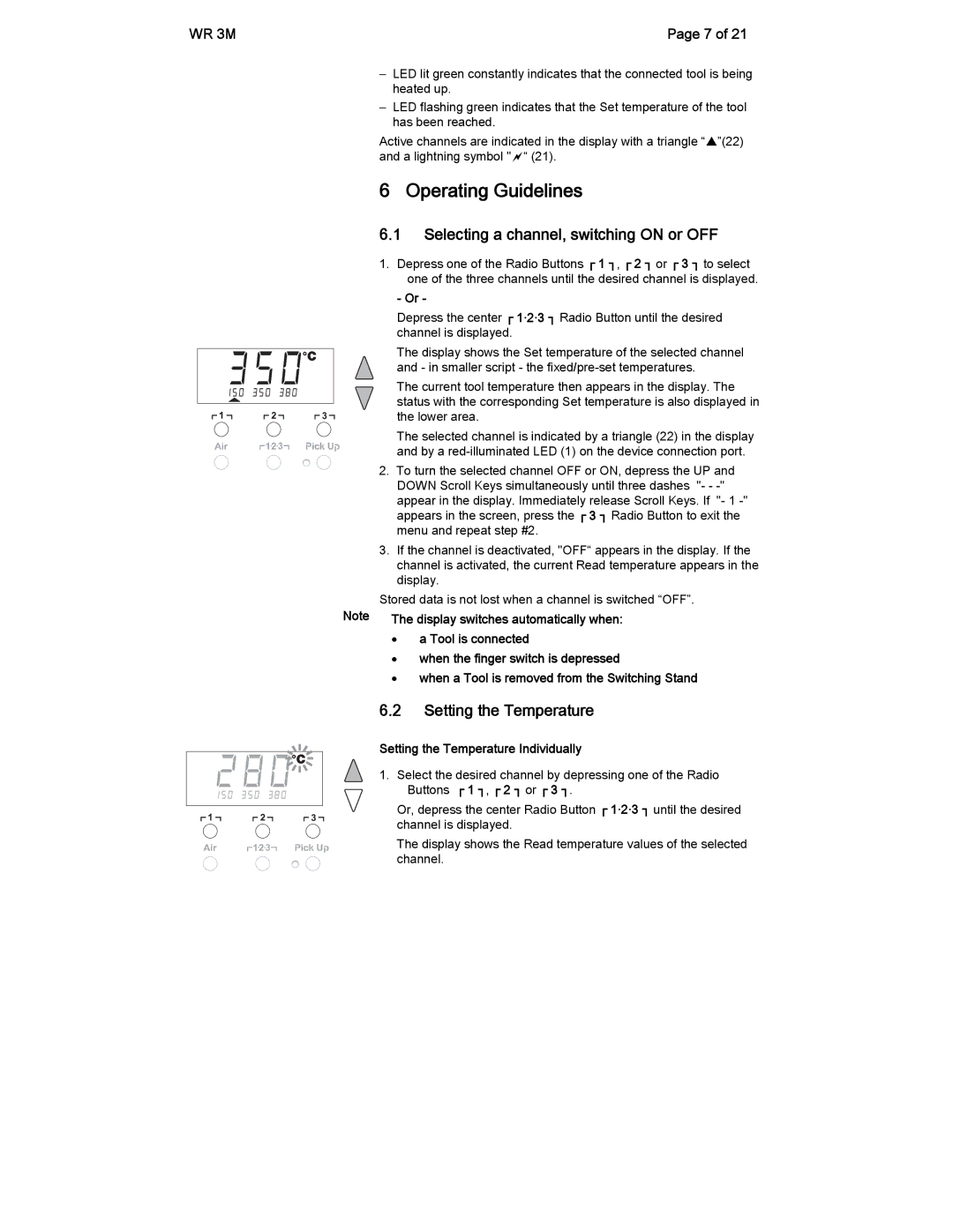 Cooper Lighting Radio manual Operating Guidelines, Selecting a channel, switching on or OFF, Setting the Temperature 