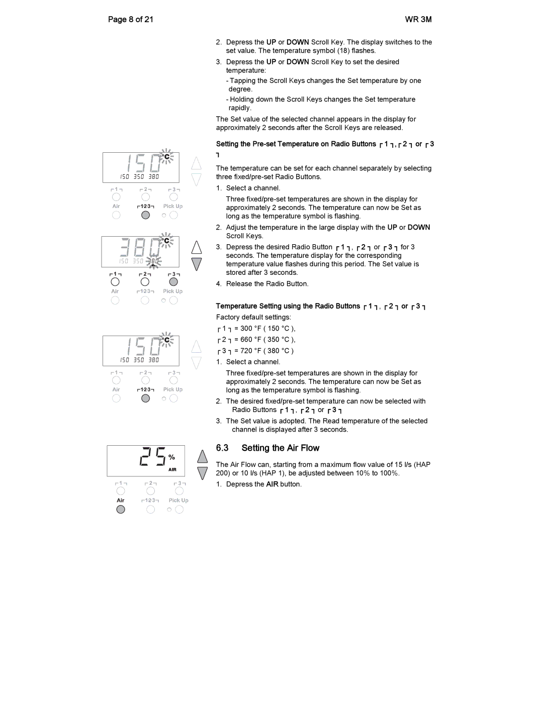 Cooper Lighting manual Setting the Air Flow, Setting the Pre-set Temperature on Radio Buttons 1 , 2 or 