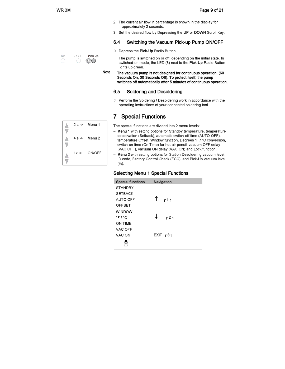 Cooper Lighting Radio manual Special Functions, Switching the Vacuum Pick-up Pump ON/OFF, Soldering and Desoldering 