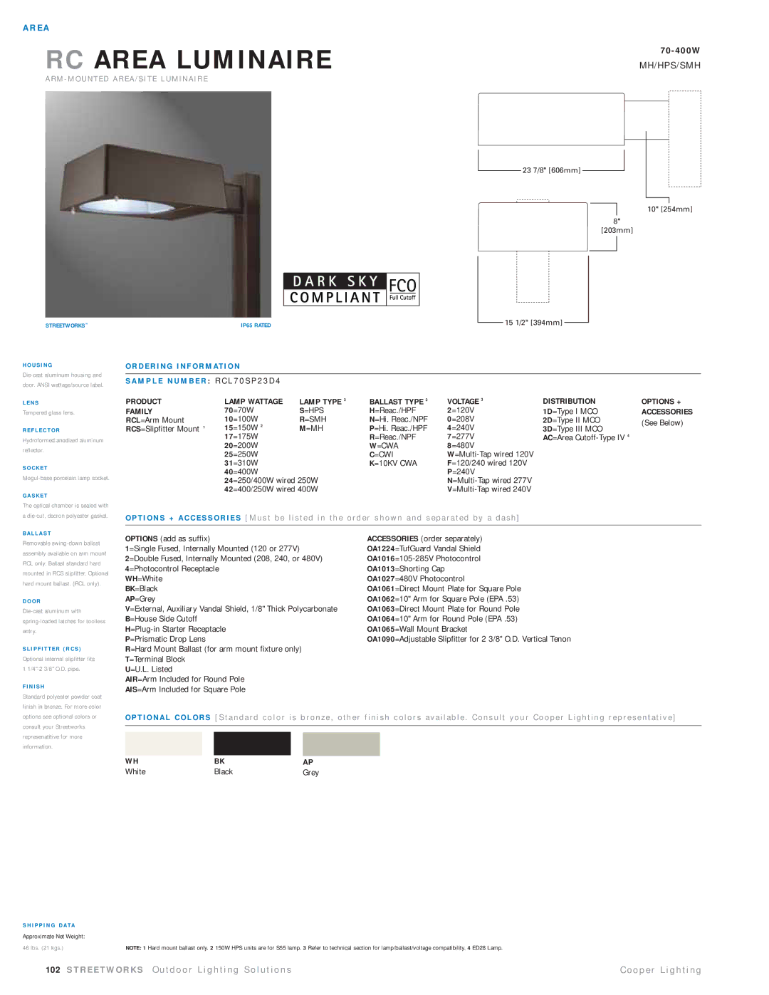 Cooper Lighting RCL70SP23D4 manual =Hps, =Smh, =Mh, =Cwa, =Cwi, =10KV CWA 