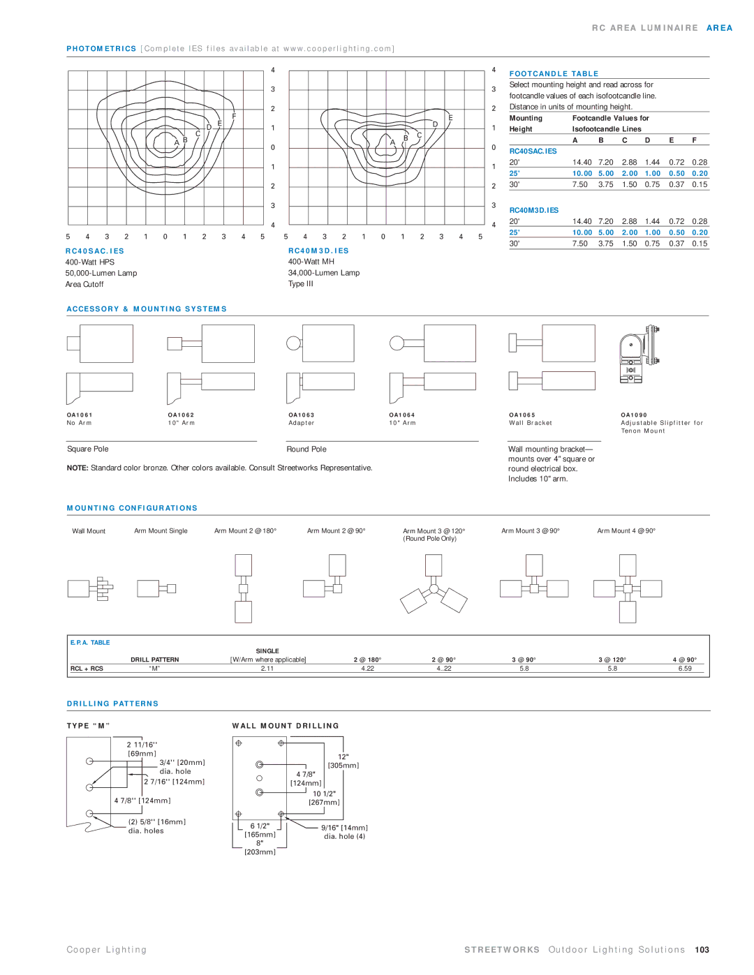 Cooper Lighting RCL70SP23D4 O T C a N D L E TA B L E, RC40SAC.IES, RC40M3D.IES, U N T I N G C O N F I G U R At I O N S 