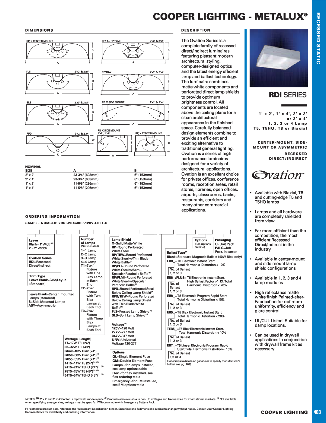 Cooper Lighting RDI SERIES specifications Cooper Lighting - Metalux, Rdi Series, Recessed, Static 