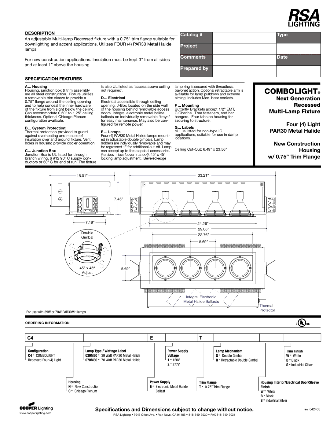 Cooper Lighting Recessed Multi-Lamp Fixture specifications Housing, System Protection, Junction Box, Electrical, Lamps 