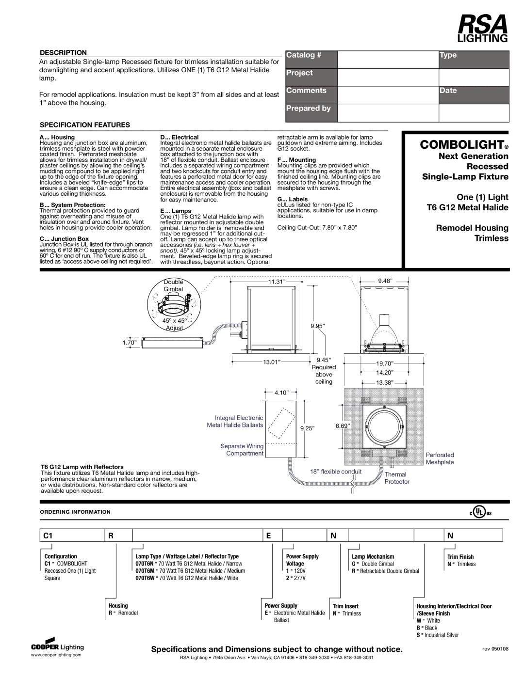 Cooper Lighting Recessed Single-Lamp Fixture specifications Housing, System Protection, Junction Box, Electrical, Lamps 