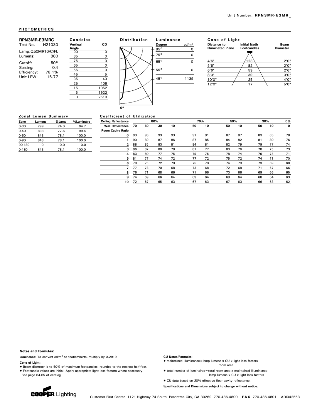 Cooper Lighting manual RPN3MR-E3MRC, Di st r ib u t io n Min a n ce, Co n e o f L ig h t 